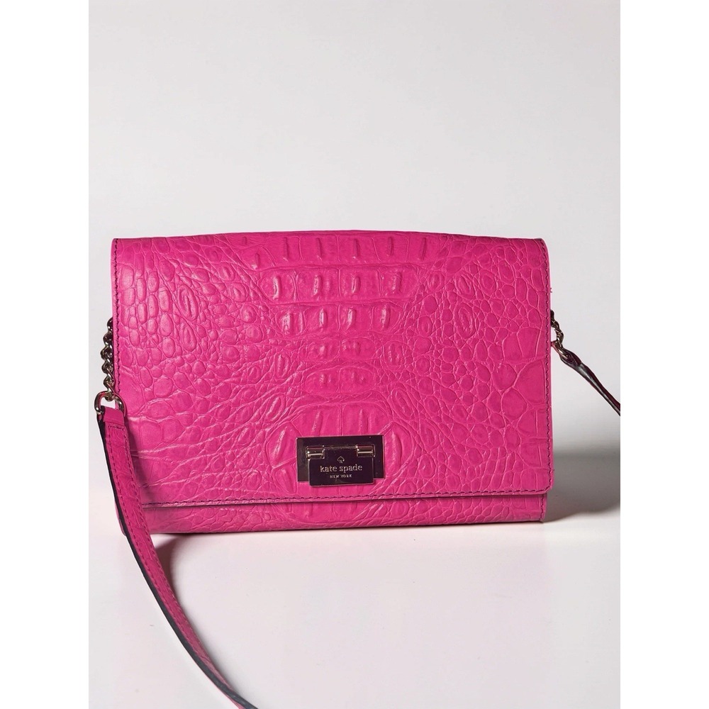 KATE SPADE Fiona CROC PRINT NEON PINK LEATHER CLUTCH BAG CROSSBODY Lk Nw